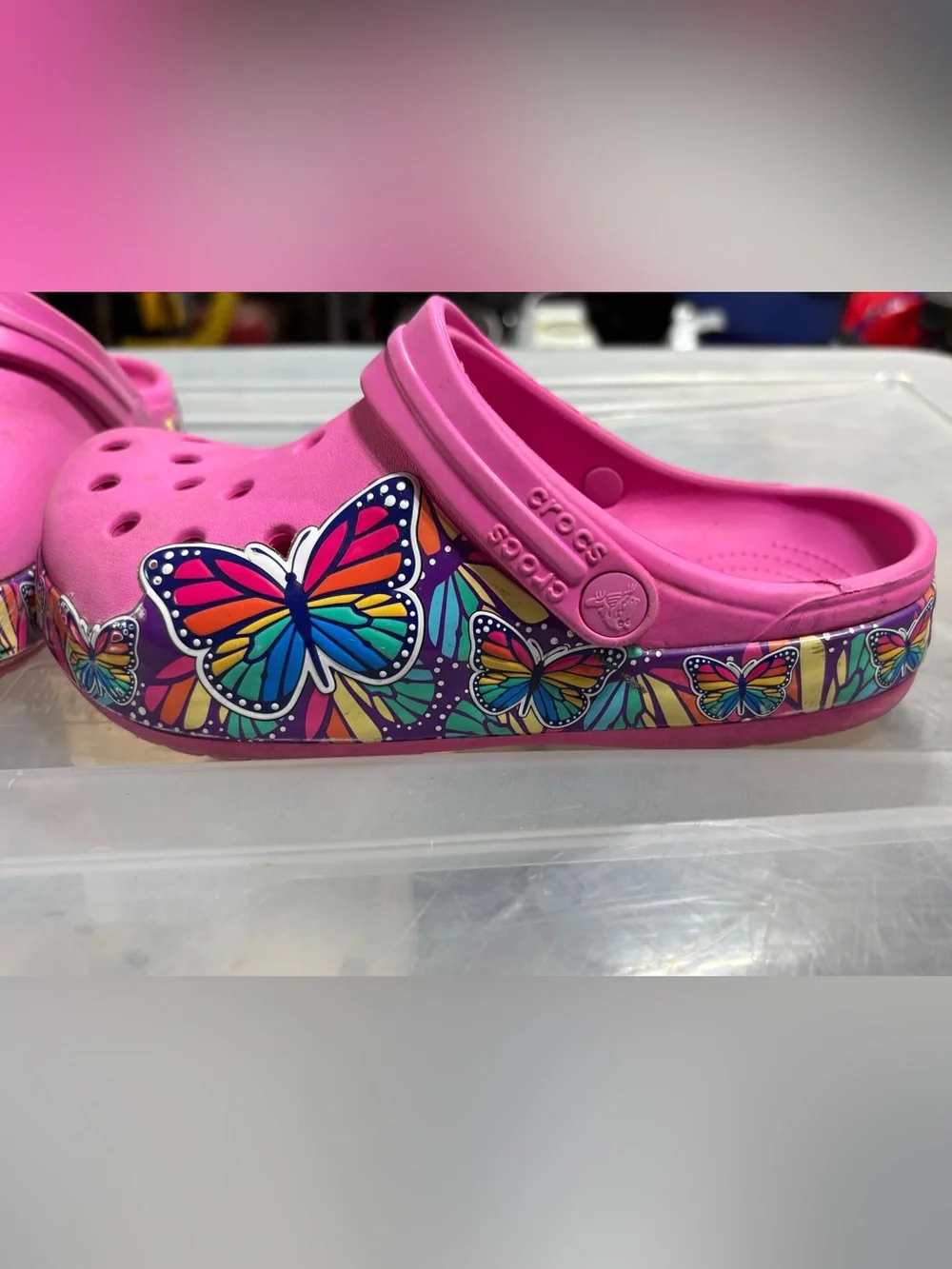 Kids Pink Butterfly Crocs size 3